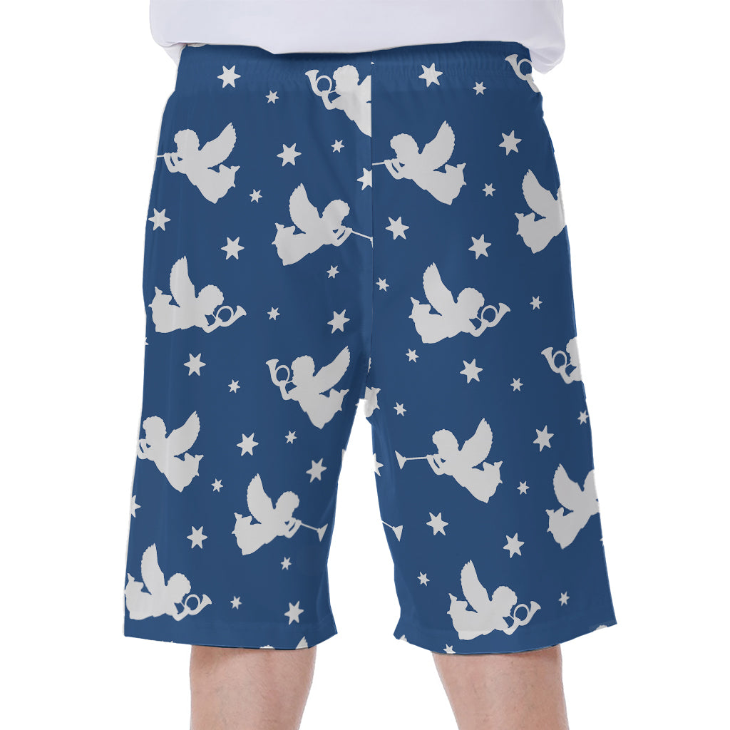 Blue And White Angel Pattern Print Men's Beach Shorts