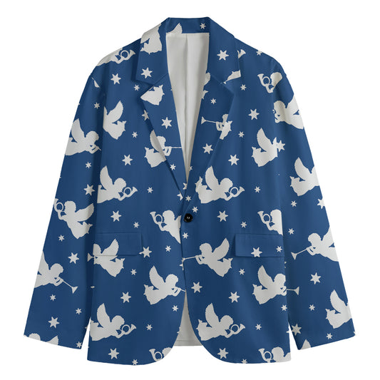 Blue And White Angel Pattern Print Men's Blazer