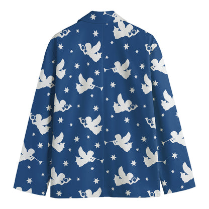 Blue And White Angel Pattern Print Men's Blazer