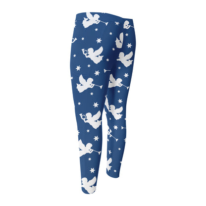Blue And White Angel Pattern Print Men's Compression Pants
