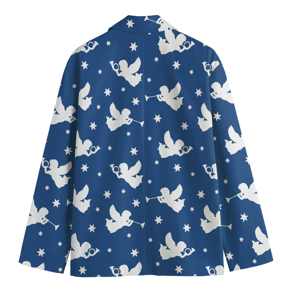 Blue And White Angel Pattern Print Men's Cotton Blazer