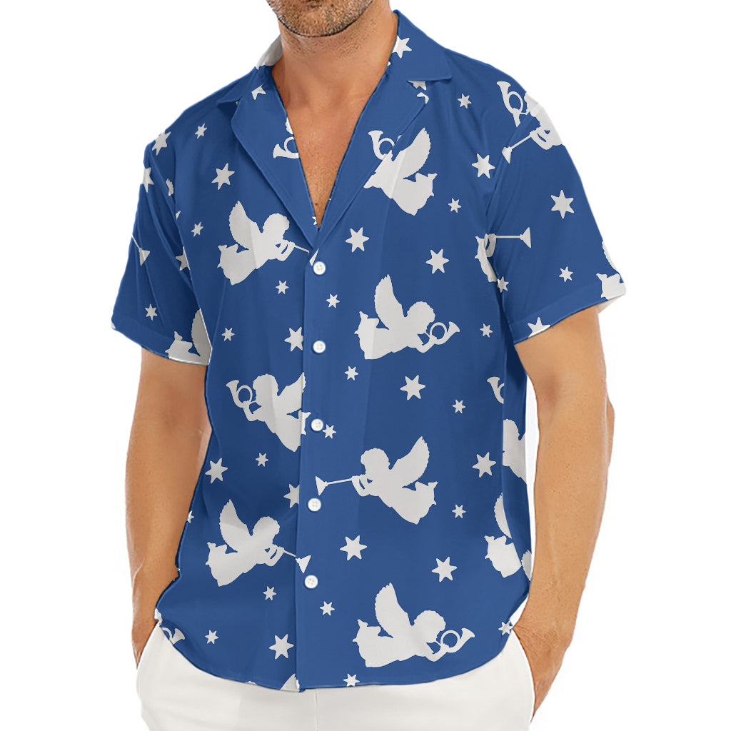 Blue And White Angel Pattern Print Men's Deep V-Neck Shirt