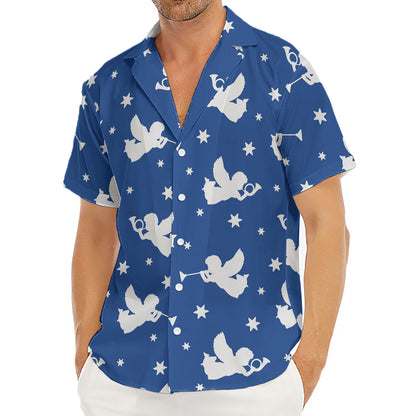 Blue And White Angel Pattern Print Men's Deep V-Neck Shirt