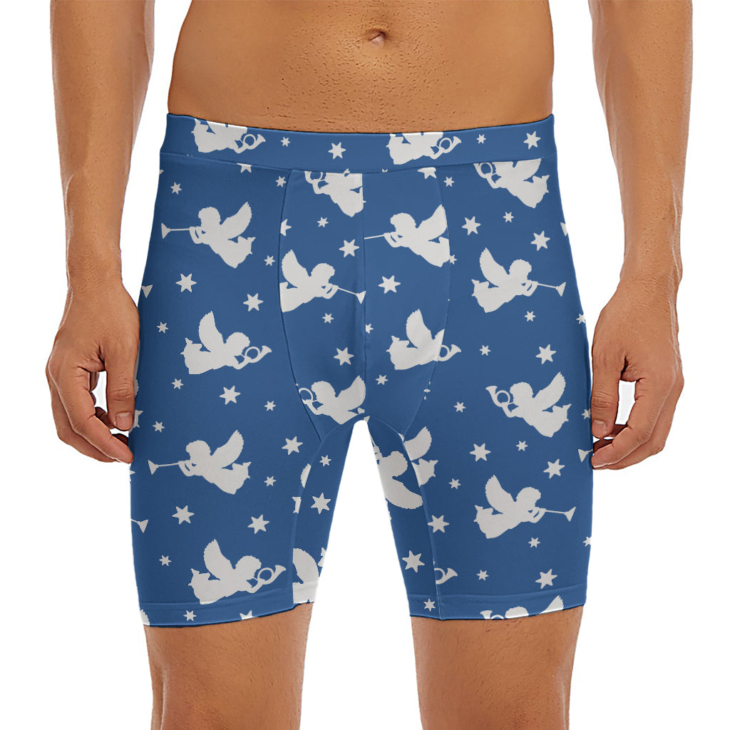 Blue And White Angel Pattern Print Men's Long Boxer Briefs