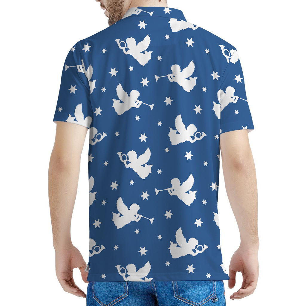 Blue And White Angel Pattern Print Men's Polo Shirt