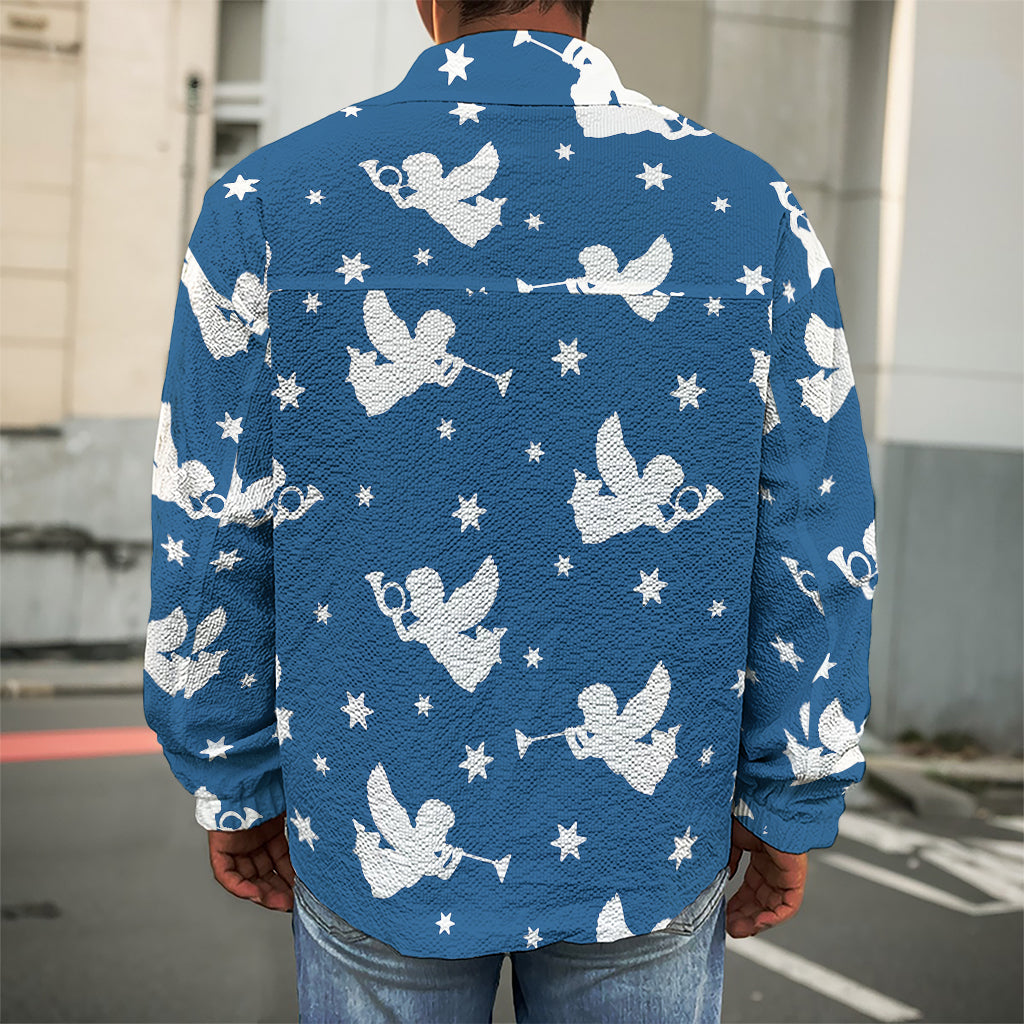 Blue And White Angel Pattern Print Men's Shirt Jacket