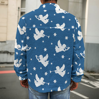Blue And White Angel Pattern Print Men's Shirt Jacket