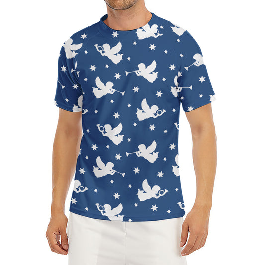Blue And White Angel Pattern Print Men's Short Sleeve Rash Guard
