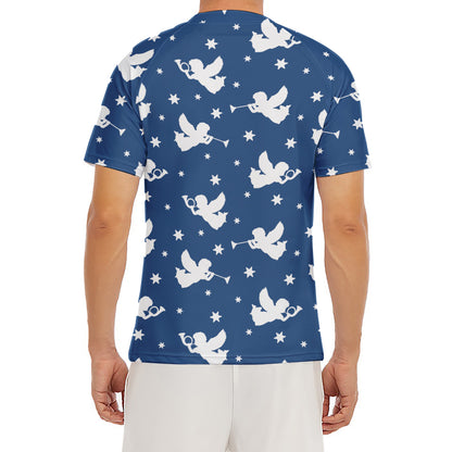 Blue And White Angel Pattern Print Men's Short Sleeve Rash Guard