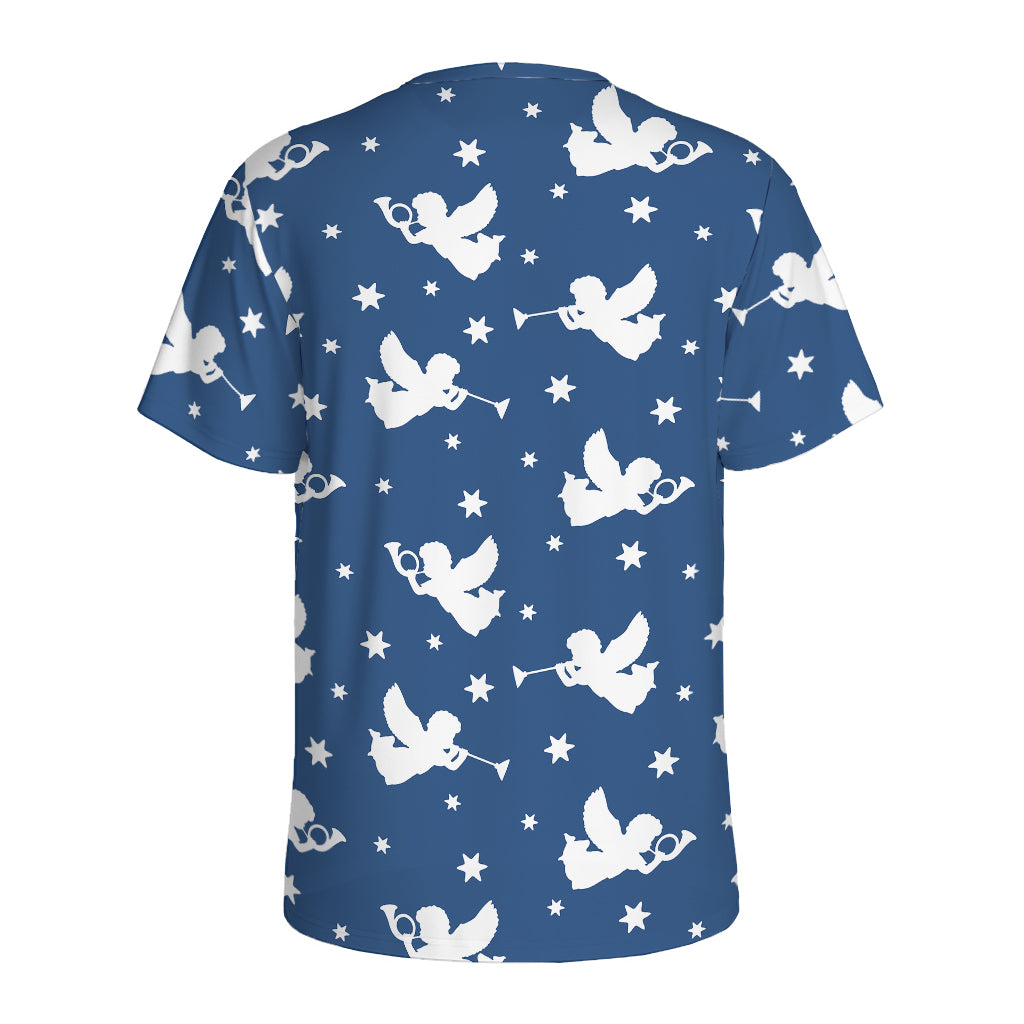 Blue And White Angel Pattern Print Men's Sports T-Shirt
