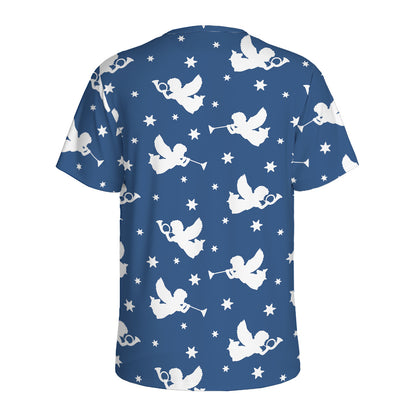 Blue And White Angel Pattern Print Men's Sports T-Shirt