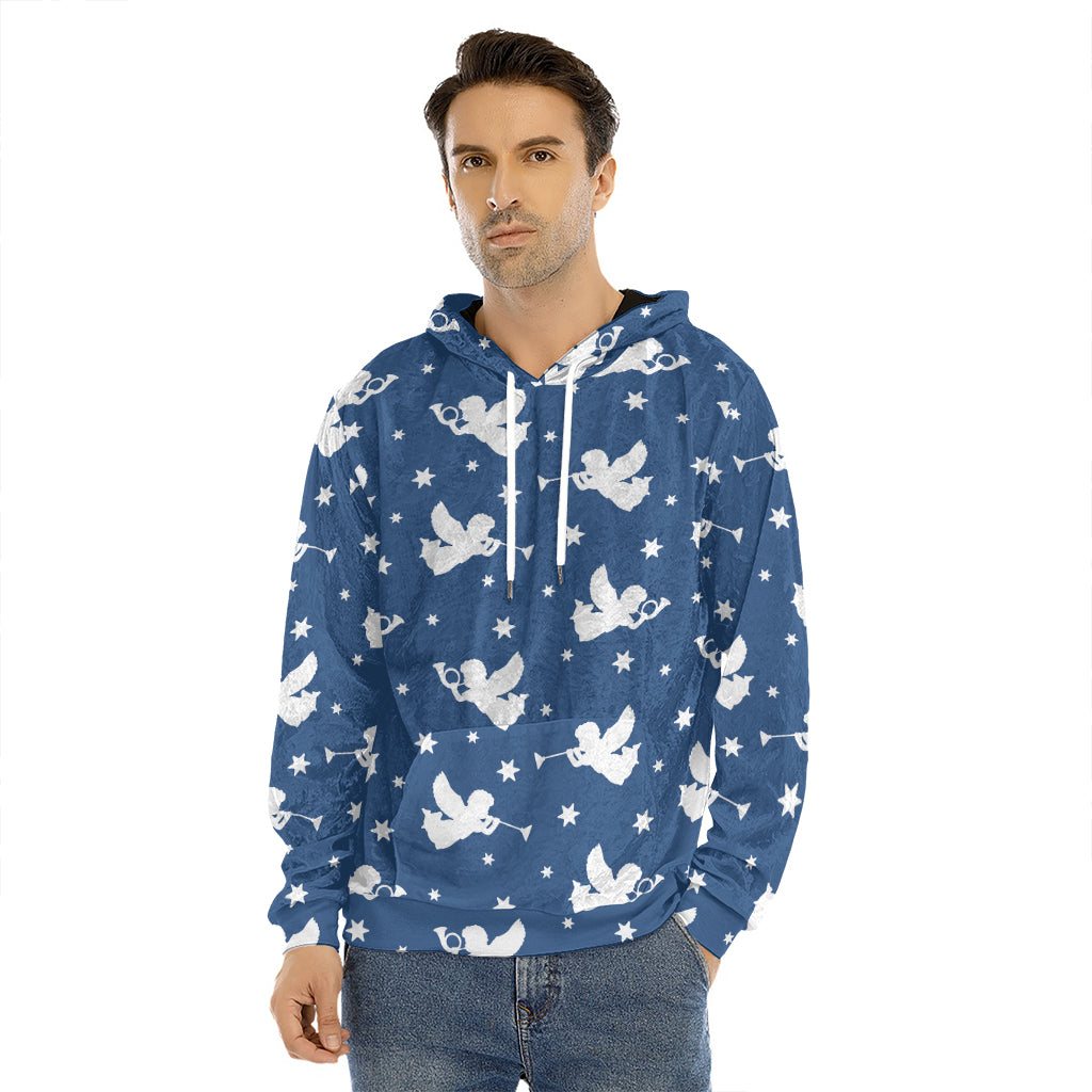Blue And White Angel Pattern Print Men's Velvet Pullover Hoodie
