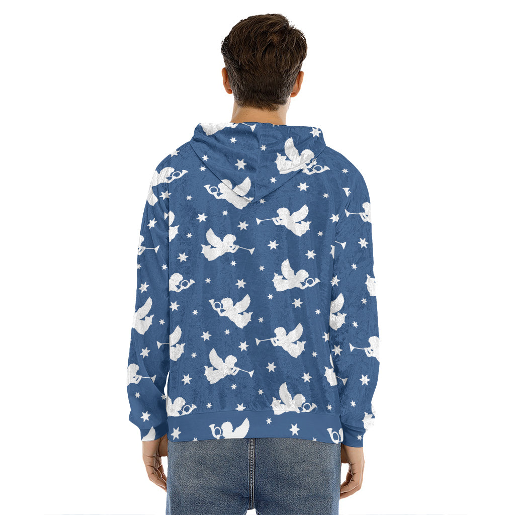 Blue And White Angel Pattern Print Men's Velvet Pullover Hoodie