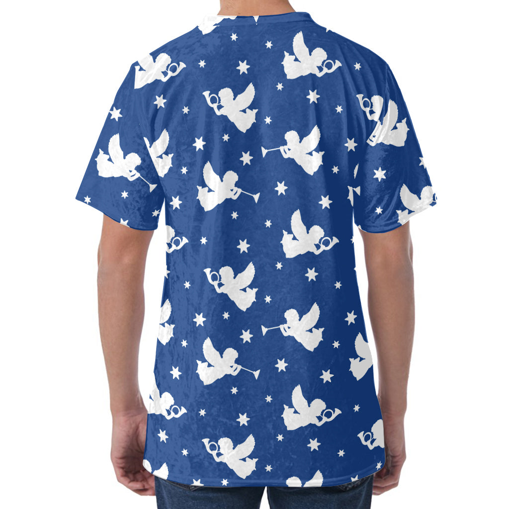 Blue And White Angel Pattern Print Men's Velvet T-Shirt