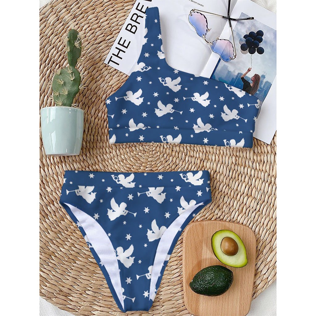 Blue And White Angel Pattern Print One Shoulder Bikini Top