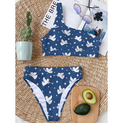 Blue And White Angel Pattern Print One Shoulder Bikini Top