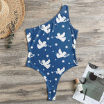 Blue And White Angel Pattern Print One Shoulder Bodysuit