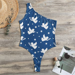 Blue And White Angel Pattern Print One Shoulder Bodysuit