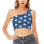 Blue And White Angel Pattern Print One Shoulder Crop Top