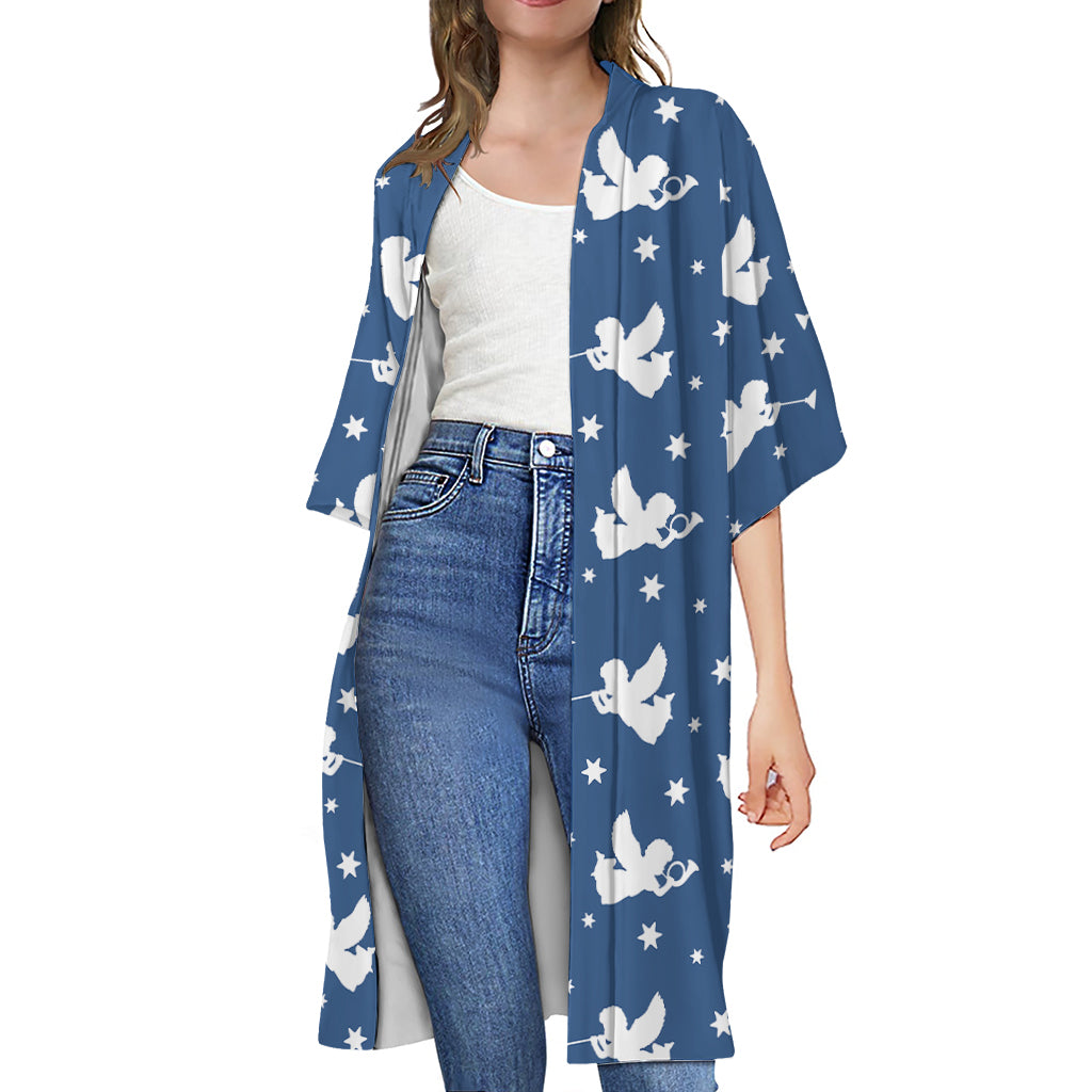 Blue And White Angel Pattern Print Open Front Beach Cover Up
