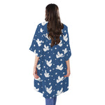 Blue And White Angel Pattern Print Open Front Beach Cover Up