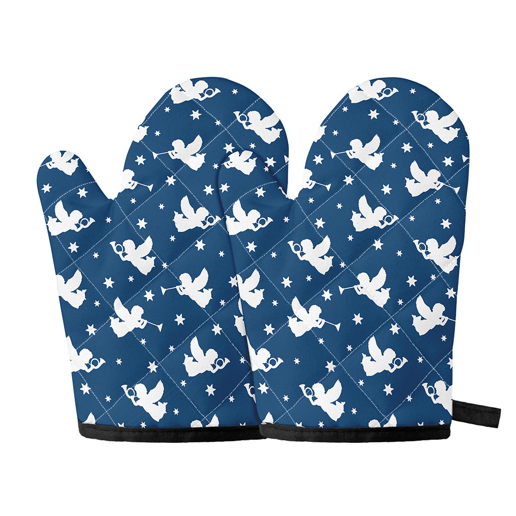 Blue And White Angel Pattern Print Oven Mitts