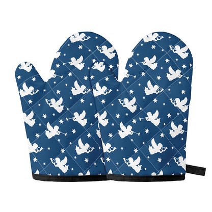 Blue And White Angel Pattern Print Oven Mitts