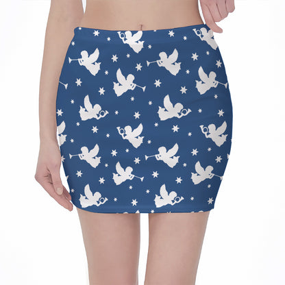 Blue And White Angel Pattern Print Pencil Mini Skirt