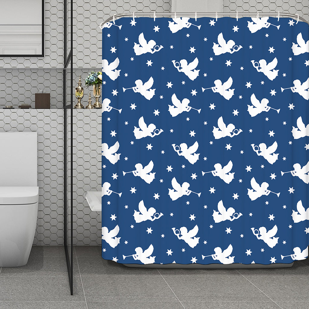 Blue And White Angel Pattern Print Polyester Shower Curtain