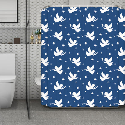Blue And White Angel Pattern Print Polyester Shower Curtain