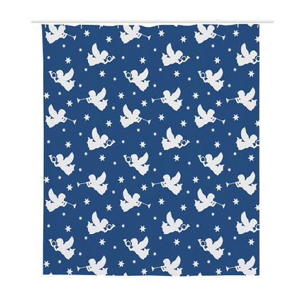 Blue And White Angel Pattern Print Polyester Shower Curtain