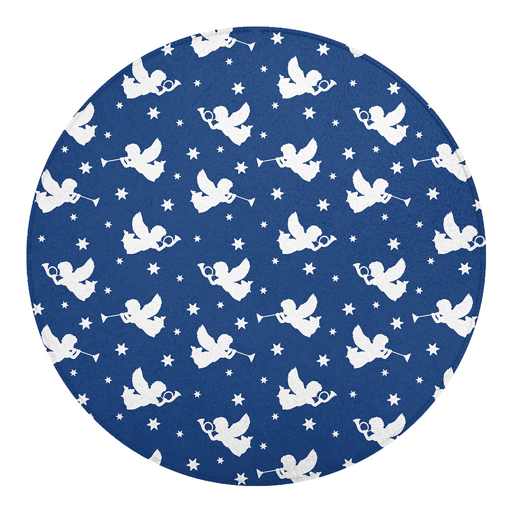 Blue And White Angel Pattern Print Round Blanket
