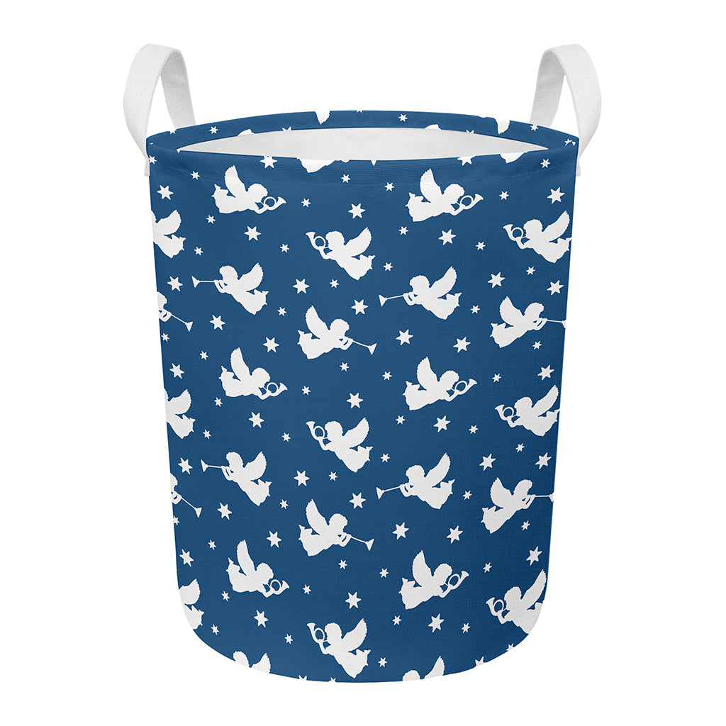 Blue And White Angel Pattern Print Round Laundry Basket