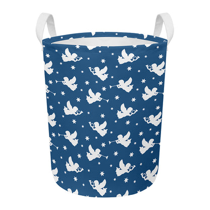 Blue And White Angel Pattern Print Round Laundry Basket