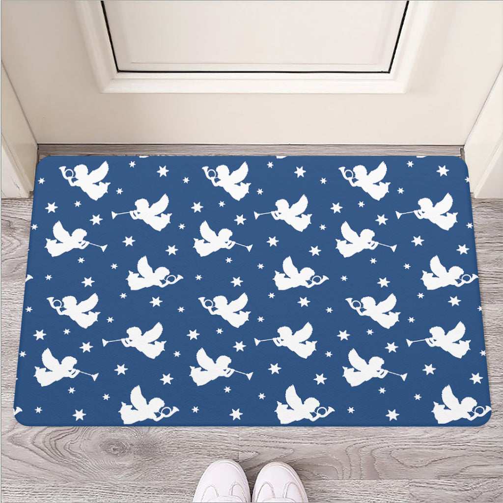 Blue And White Angel Pattern Print Rubber Doormat