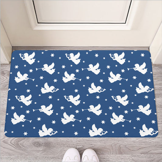 Blue And White Angel Pattern Print Rubber Doormat