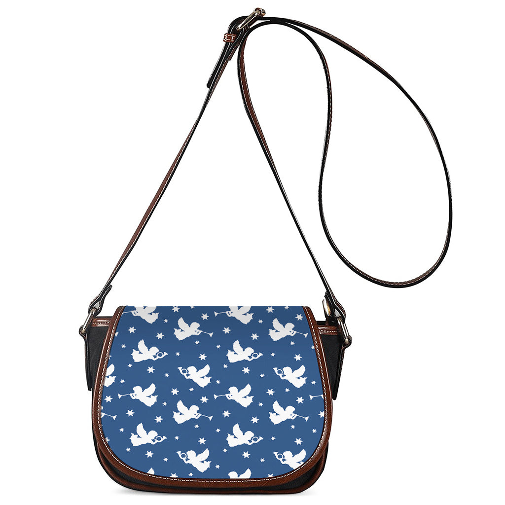 Blue And White Angel Pattern Print Saddle Bag
