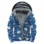 Blue And White Angel Pattern Print Sherpa Lined Zip Up Hoodie