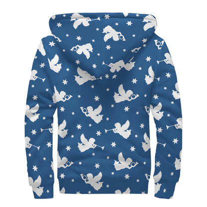 Blue And White Angel Pattern Print Sherpa Lined Zip Up Hoodie