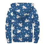 Blue And White Angel Pattern Print Sherpa Lined Zip Up Hoodie