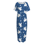 Blue And White Angel Pattern Print Short Sleeve Long Nightdress