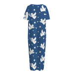 Blue And White Angel Pattern Print Short Sleeve Long Nightdress