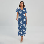Blue And White Angel Pattern Print Short Sleeve Maxi Dress