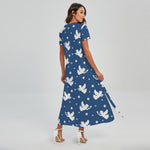 Blue And White Angel Pattern Print Short Sleeve Maxi Dress