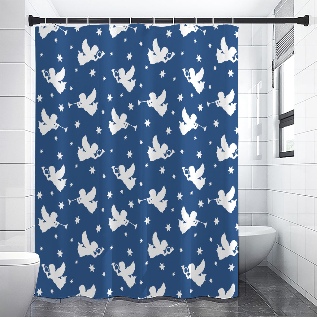 Blue And White Angel Pattern Print Shower Curtain