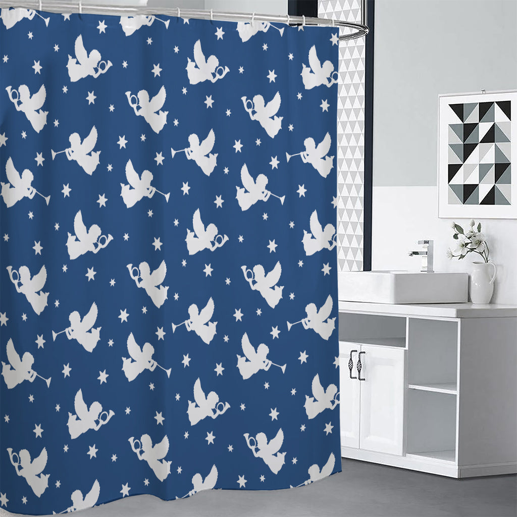 Blue And White Angel Pattern Print Shower Curtain