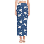 Blue And White Angel Pattern Print Side Slit Maxi Skirt