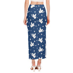 Blue And White Angel Pattern Print Side Slit Maxi Skirt