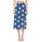 Blue And White Angel Pattern Print Side Slit Midi Skirt