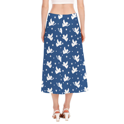 Blue And White Angel Pattern Print Side Slit Midi Skirt